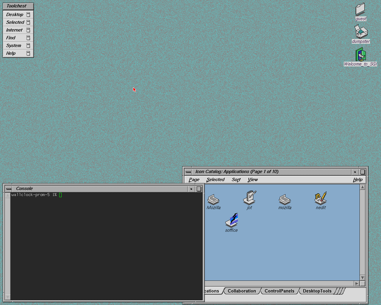 The IRIX desktop on the emulated Origin 200, with the Toolchest, a Console window and the Icon Catalog open